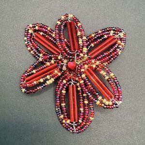 Vintage Joan Rivers Flower Floral Red and Purple Glass Beaded Brooch Pin 2.5"